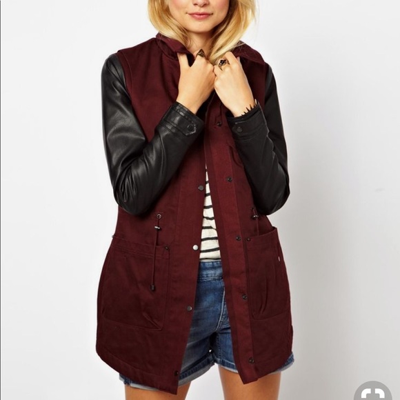 ASOS Jackets & Blazers - ASOS Faux Leather Sleeve Khaki Parka